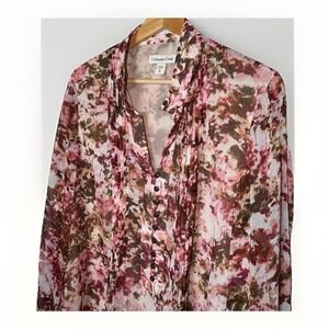 Coldwater Creek Size XL Pintuck Front Romantic Watercolor Top Semi-Sheer Blouse